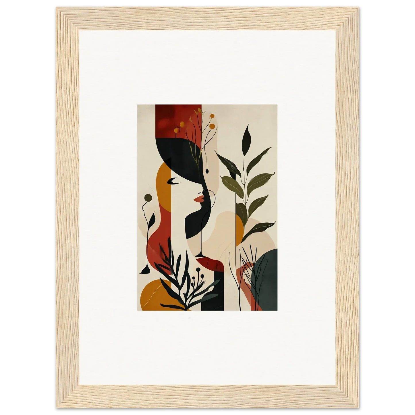 Framed abstract canvas print of earthy plants and birds for unique room decoration