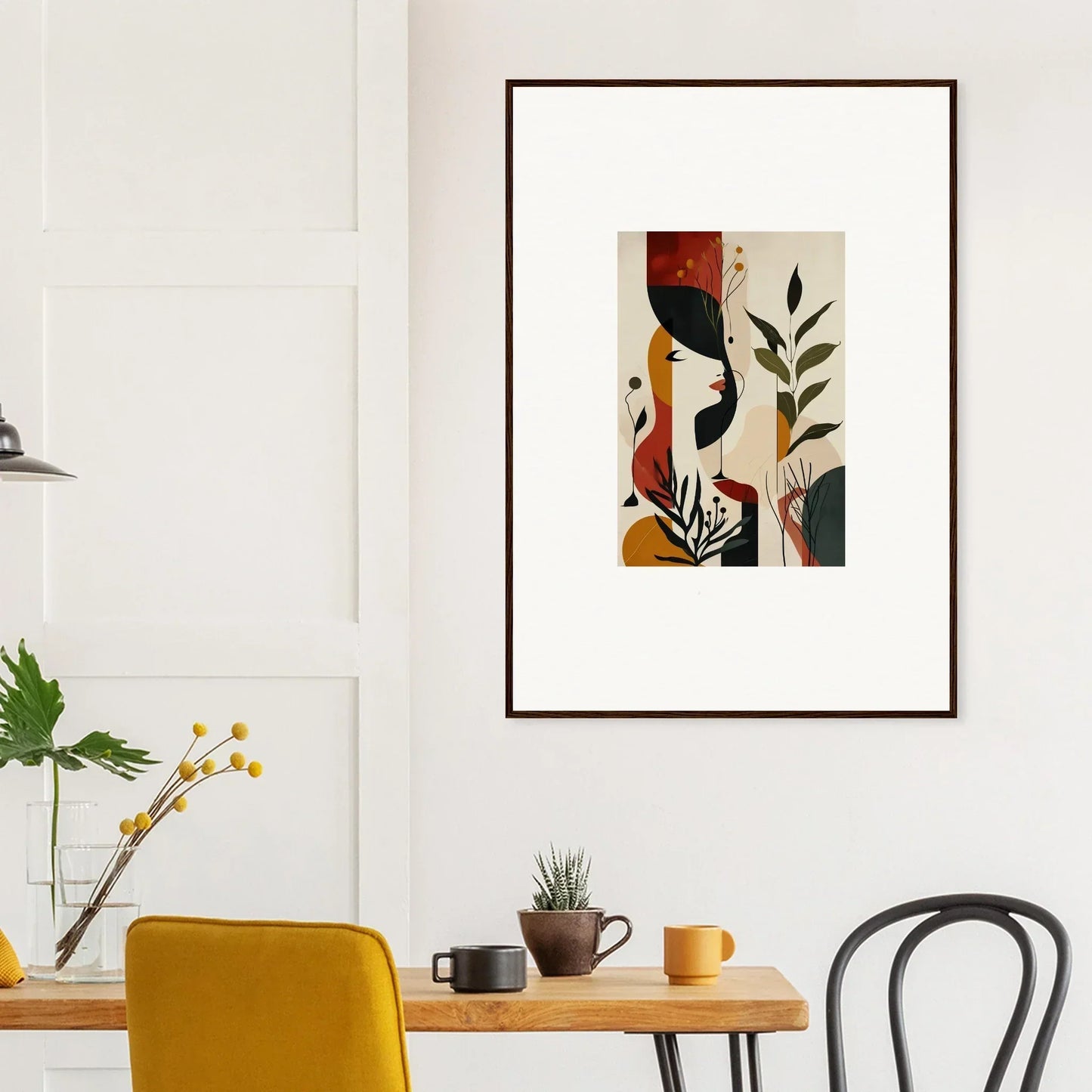 Framed abstract canvas print featuring earthy shapes and plants for unique room decoration