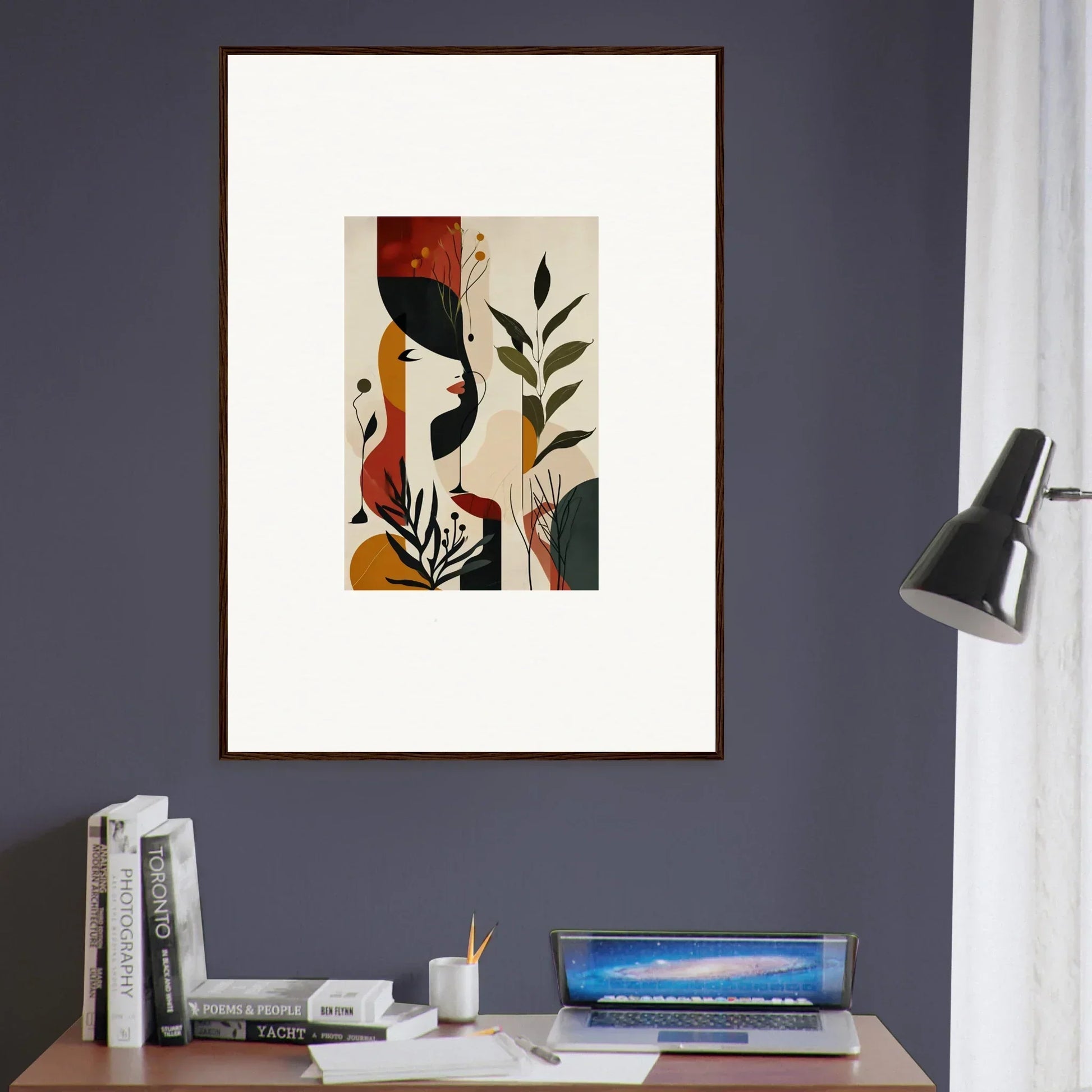 Abstract geometric canvas print with warm colors and plant elements for room decoration