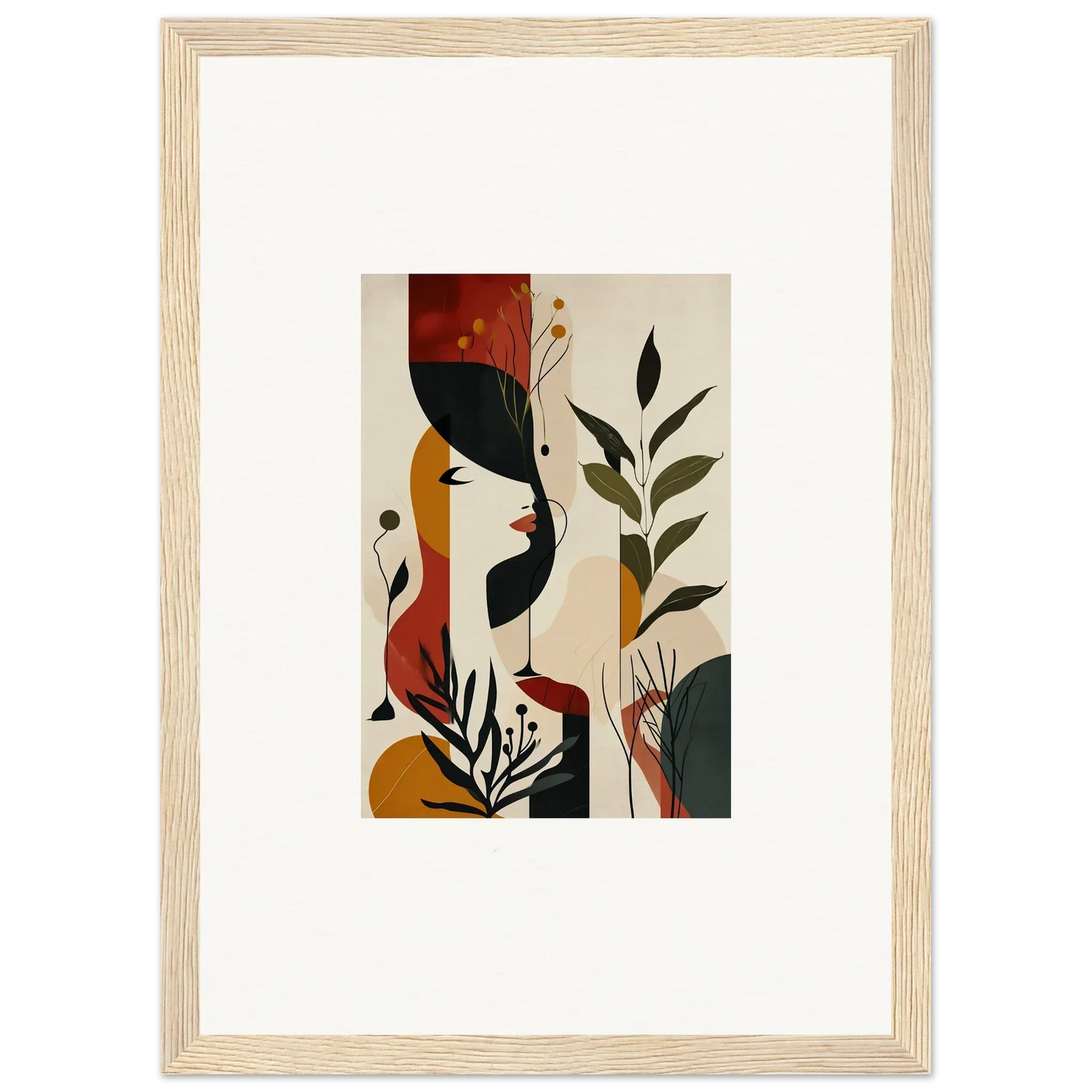 Framed abstract canvas print of earthy plants and birds for unique room decoration