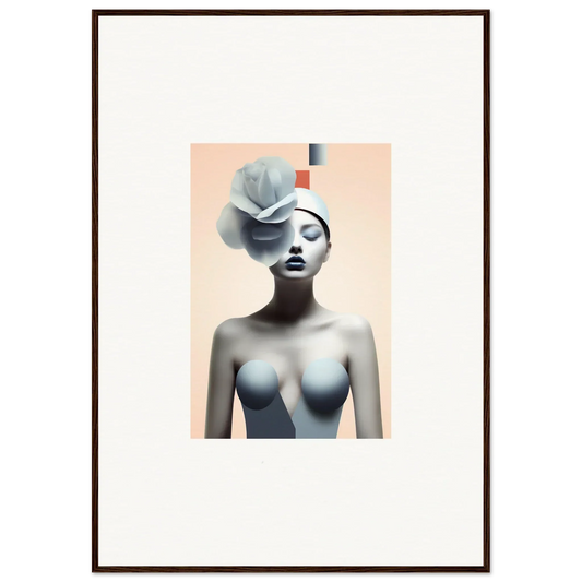 Surrealist portrait of a woman with floral head, perfect for quiet fragrances decor