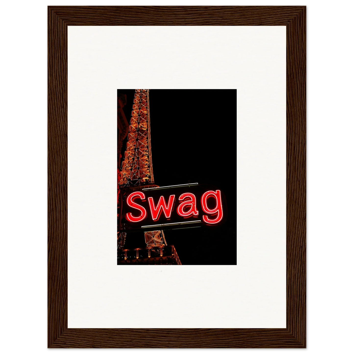 Framed photograph of a neon Swag sign, perfect for urban room decoration and dreams unleashed