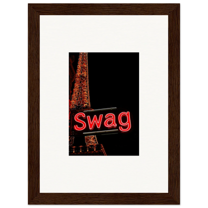 Framed photograph of a neon Swag sign, perfect for urban room decoration and dreams unleashed