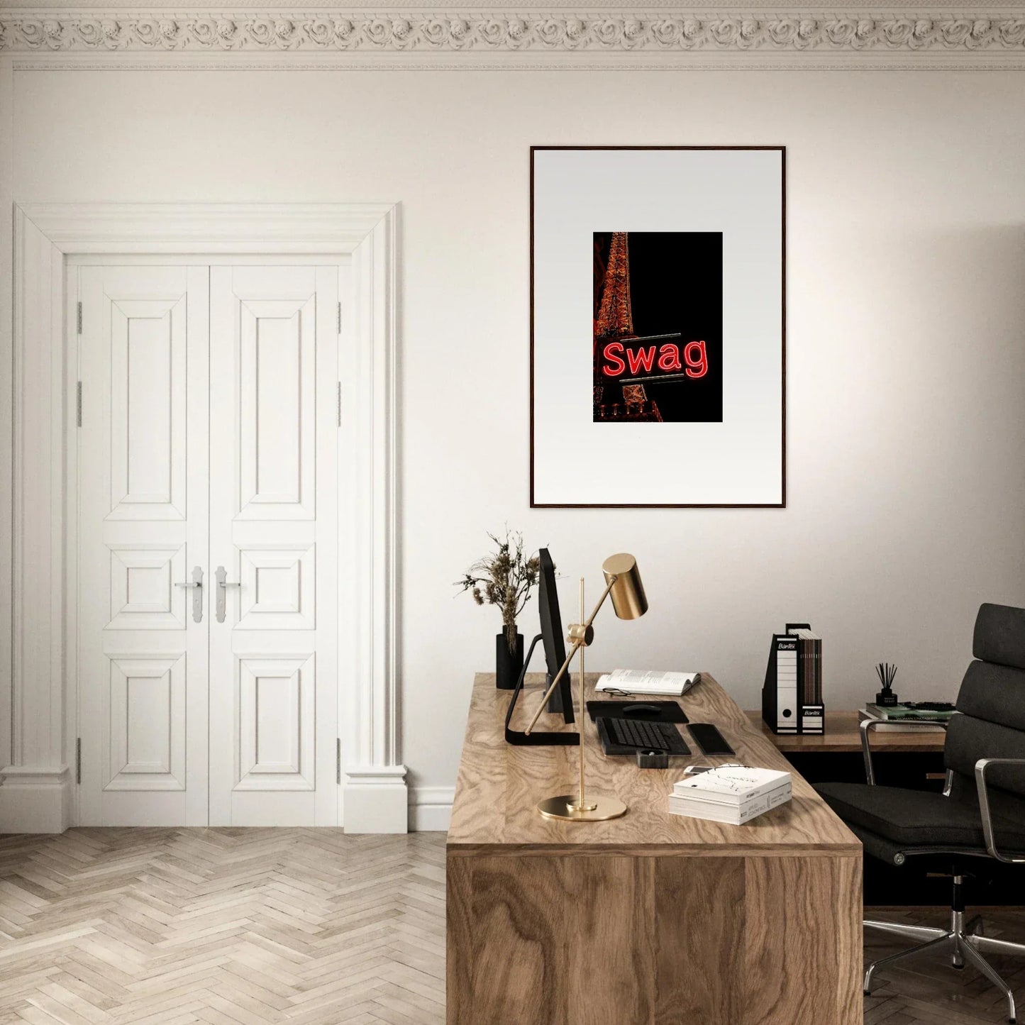 Wooden desk with typewriter and books for minimalist room decoration in Urban Dreams Unleashed