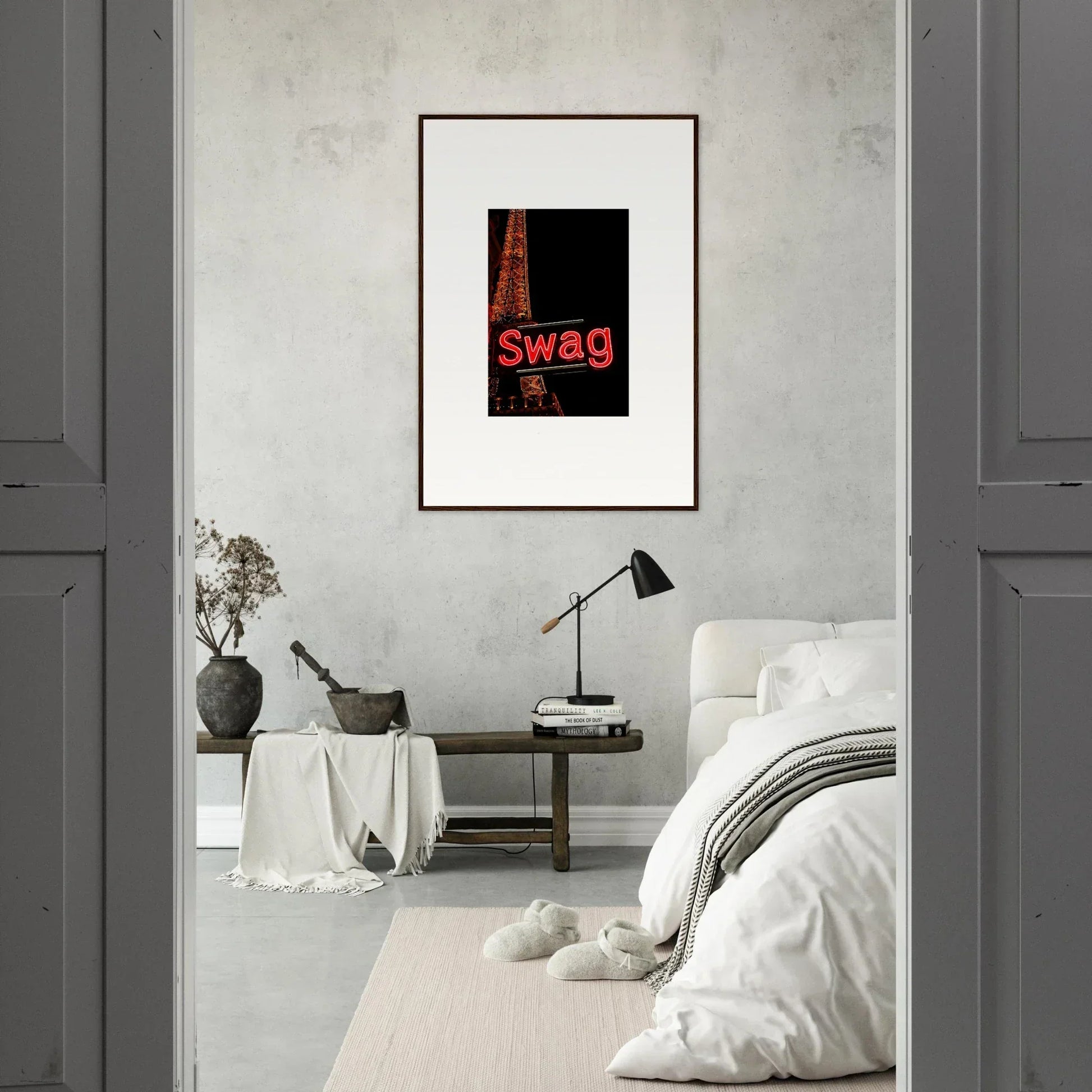 Framed canvas print of the word Swag in red, perfect for dreams unleashed room decoration