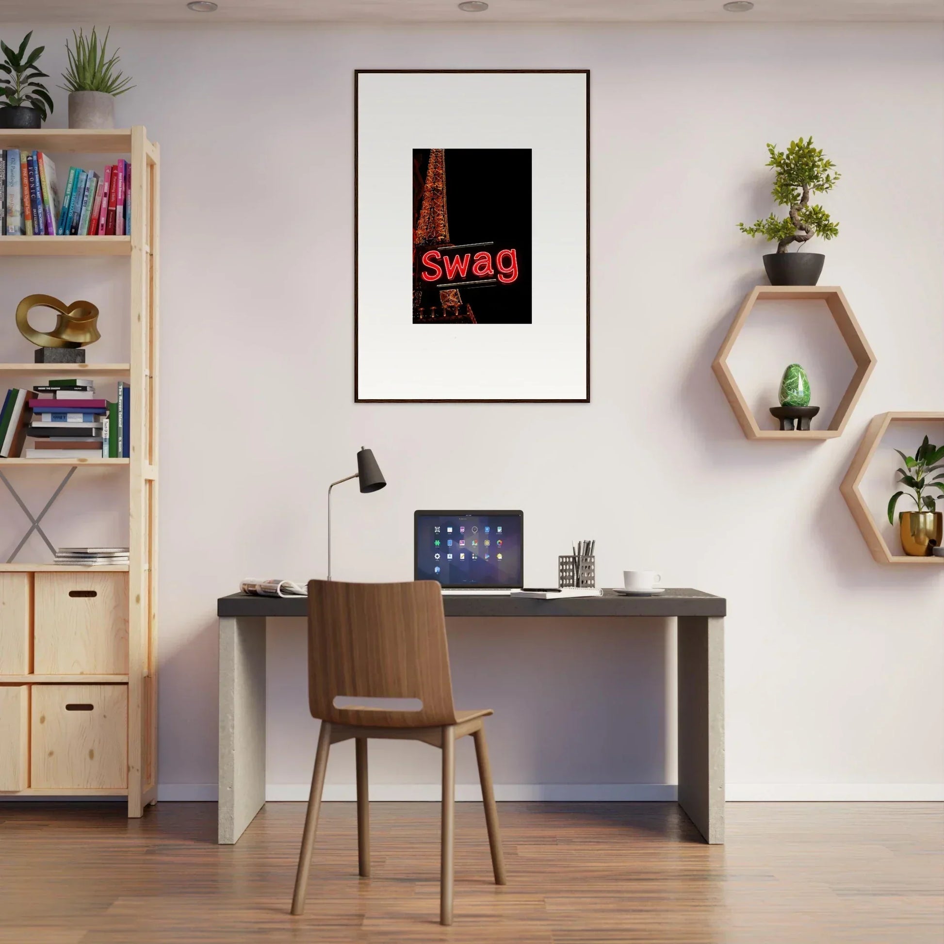 Modern home office with stylish decor and a canvas print for your dreams unleashed vibe