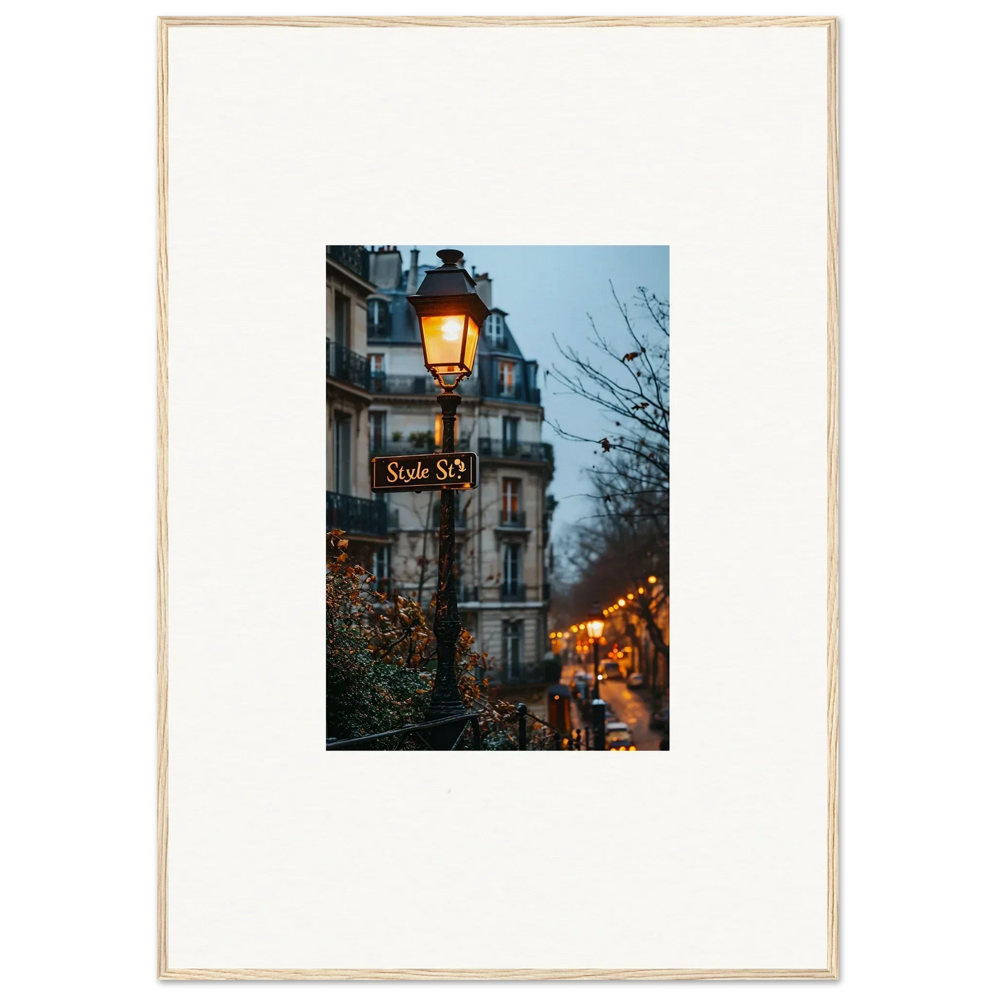 Illuminated street lamp and Soir 55 sign in Paris for Urban Twilight Serenade wall art