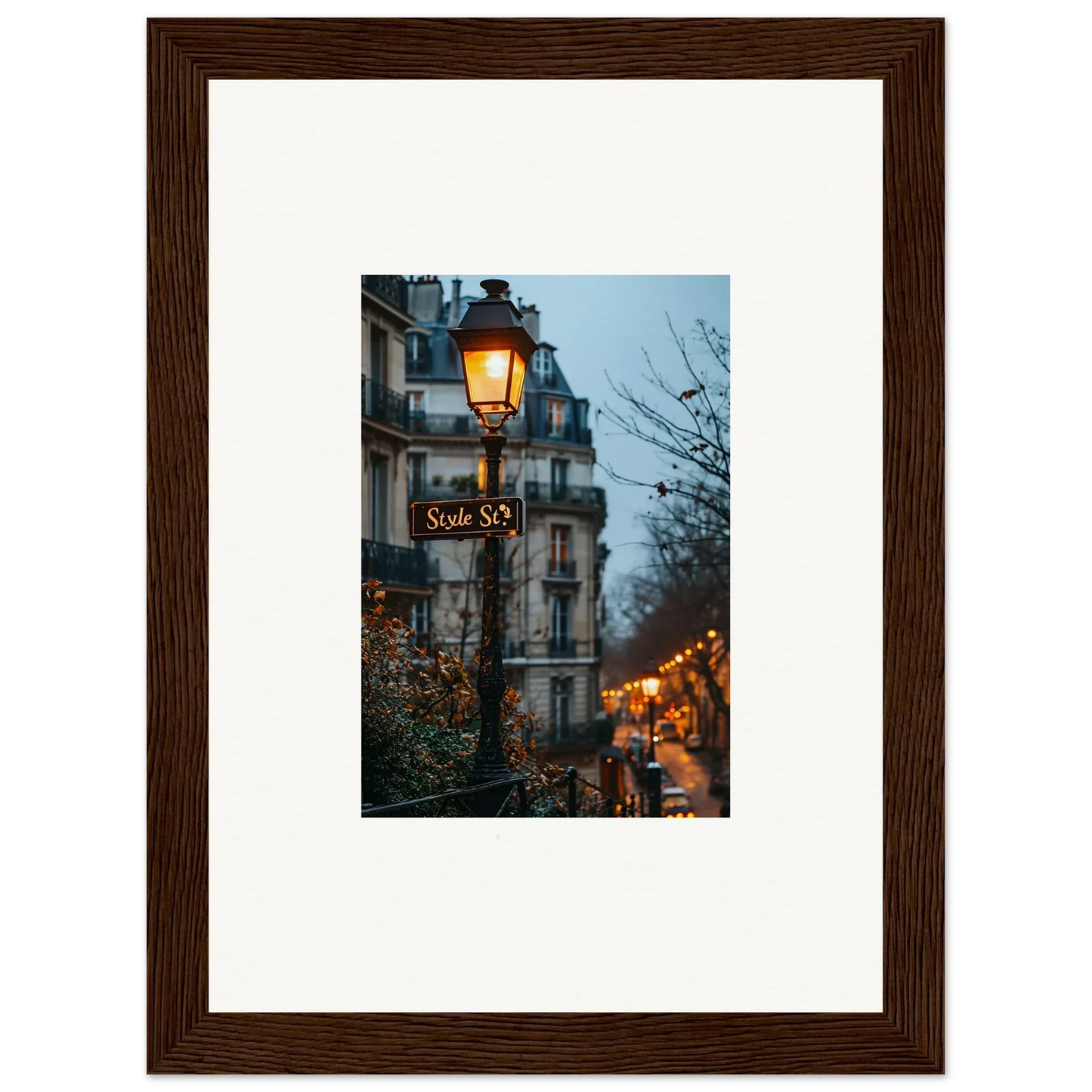 Framed wall art of a Parisian street at dusk, perfect for urban twilight serenade room decor