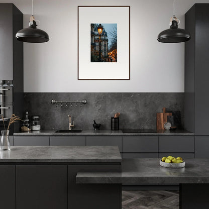 Modern kitchen with dark gray cabinetry, pendant lights, and framed wall art in Twilight Serenade