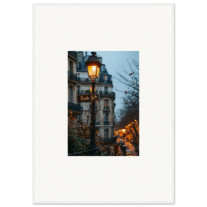 Illuminated street lamp with Scale 30 sign in Parisian room decor, Urban Twilight Serenade