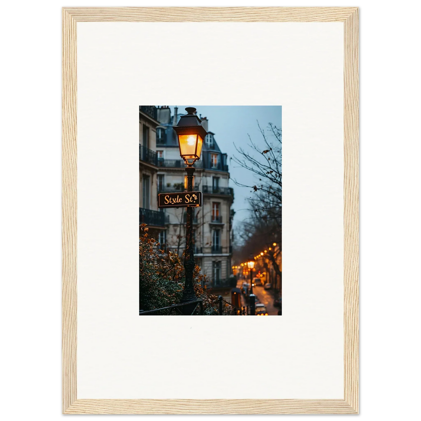 Framed wall art of a Parisian street scene, perfect for twilight serenade room decor