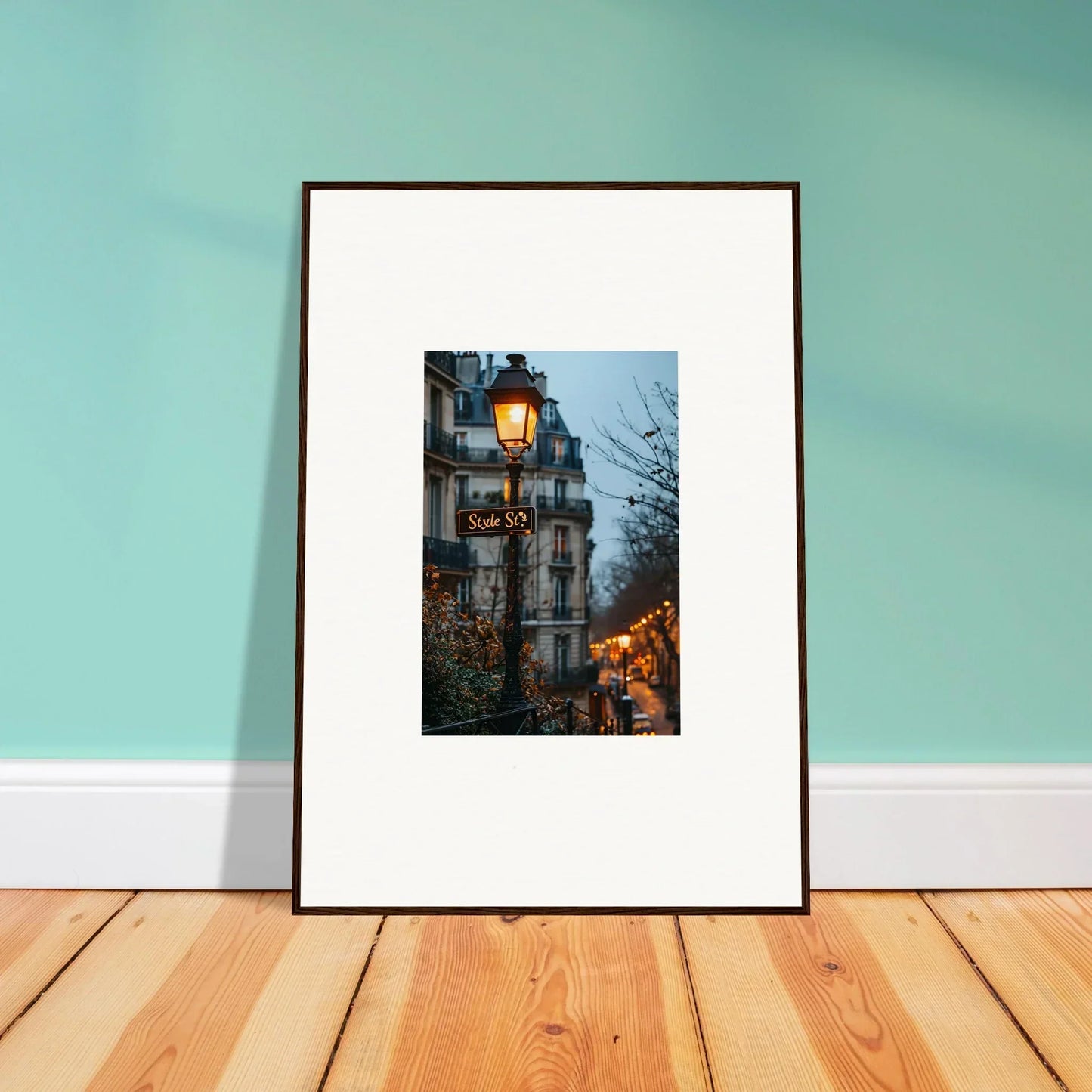 Framed wall art of a Parisian street at dusk, perfect for twilight serenade room decor