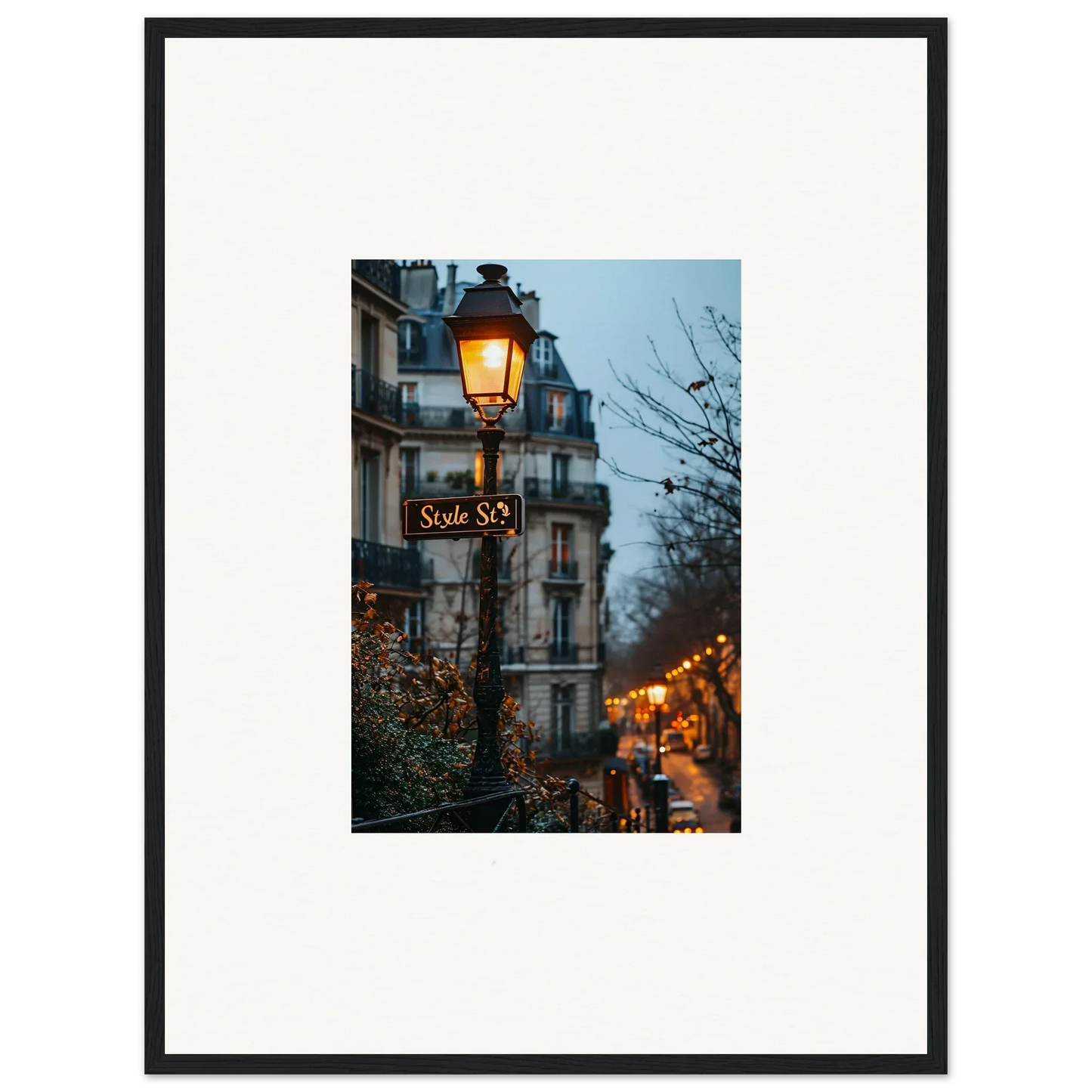 Framed wall art of a Parisian street at dusk, perfect for twilight serenade room decor