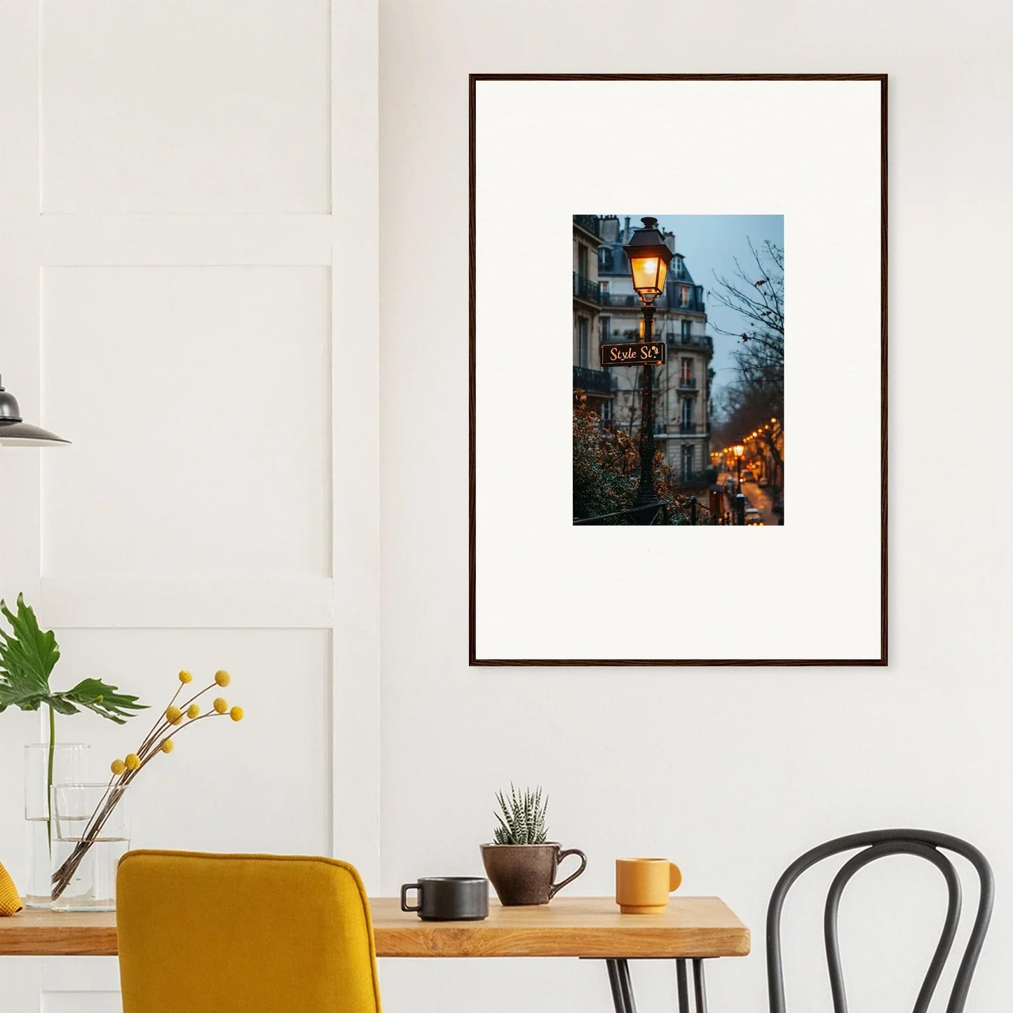 Framed wall art of a Parisian street lamp in twilight serenade for stylish room decor