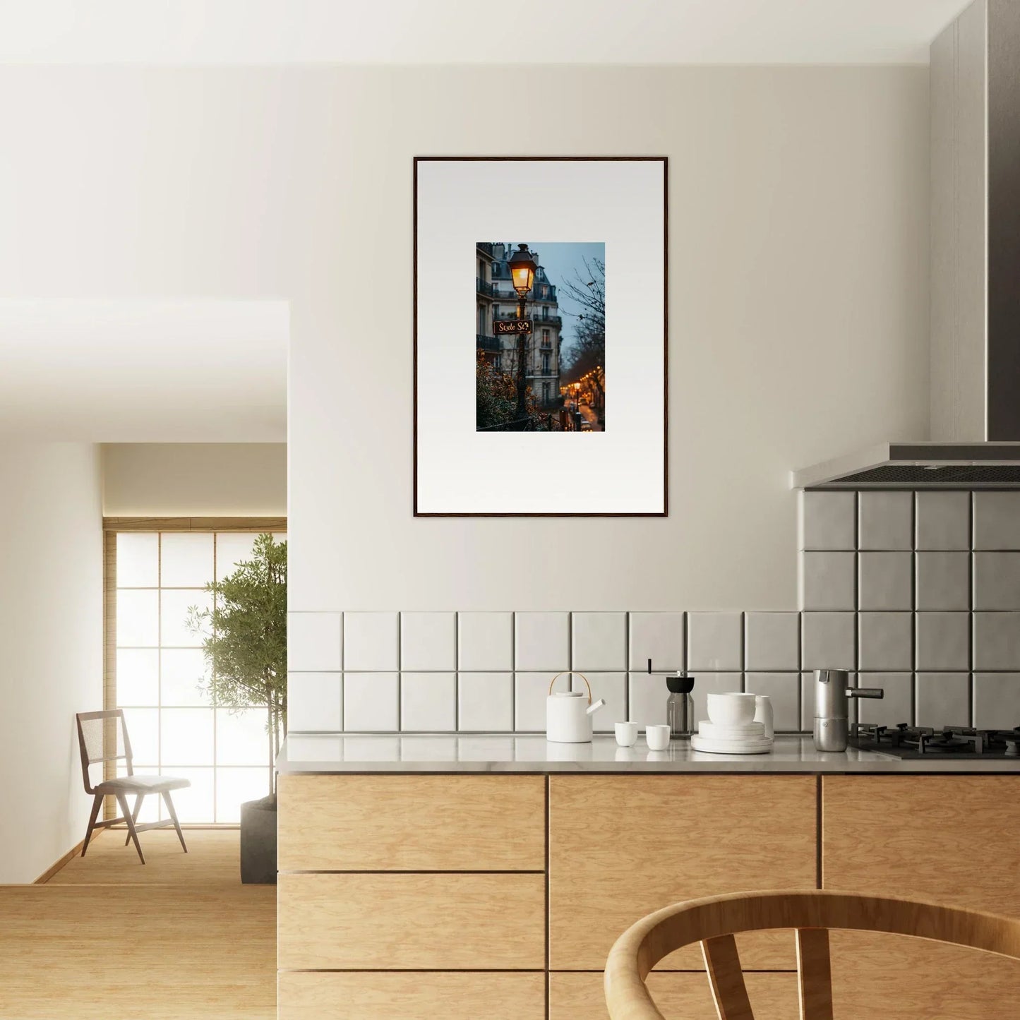 Framed wall art of a Parisian street scene for elegant room decor, Twilight Serenade