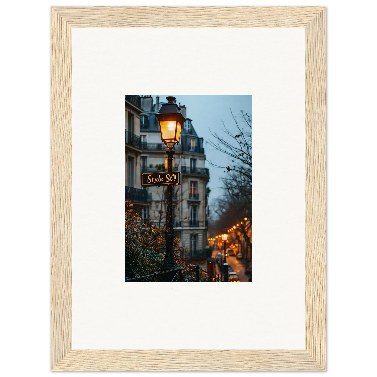 Framed wall art of a Parisian street at dusk, perfect for urban twilight serenade room decor