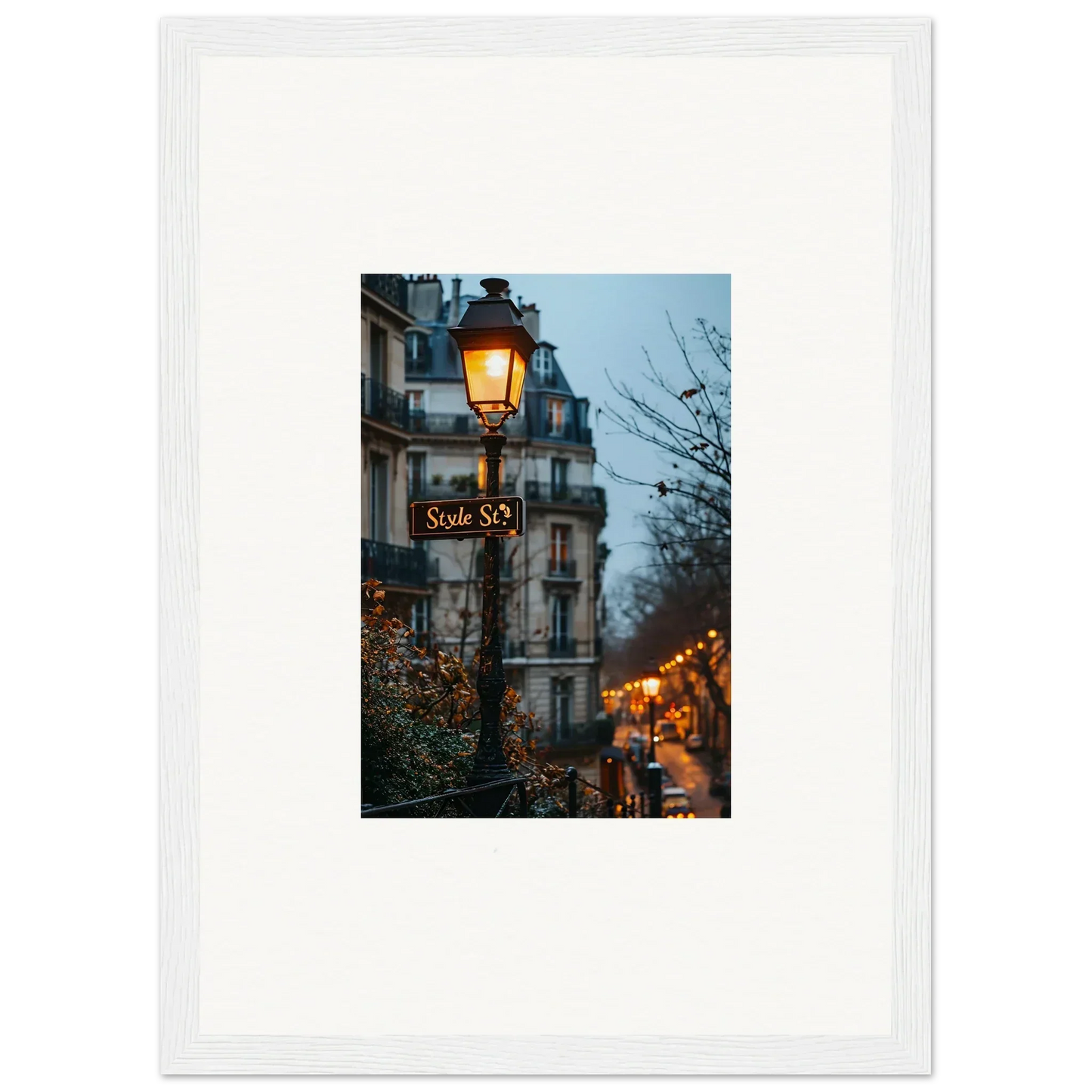 Illuminated street lamp on a Parisian building, perfect for urban twilight serenade wall art