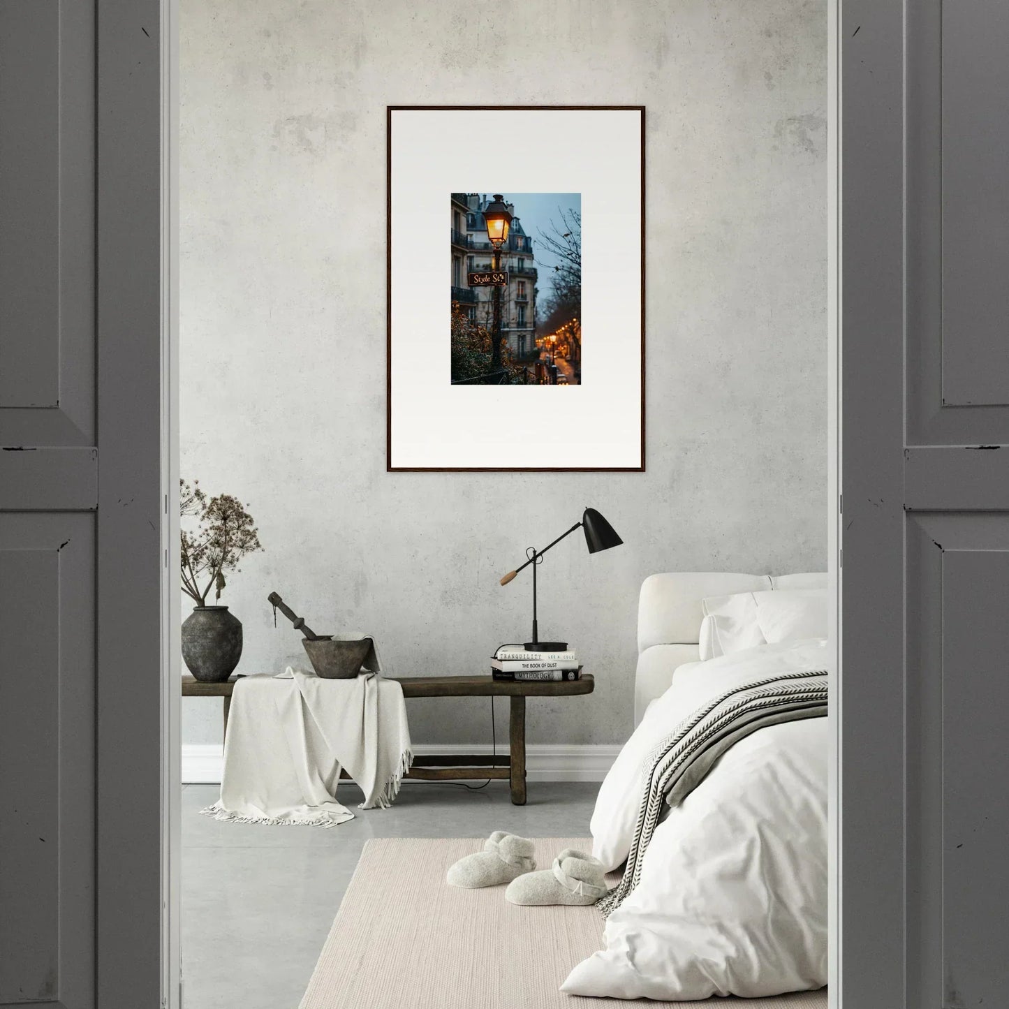 Framed wall art of a warm-lit city street scene, perfect for urban twilight serenade room decor