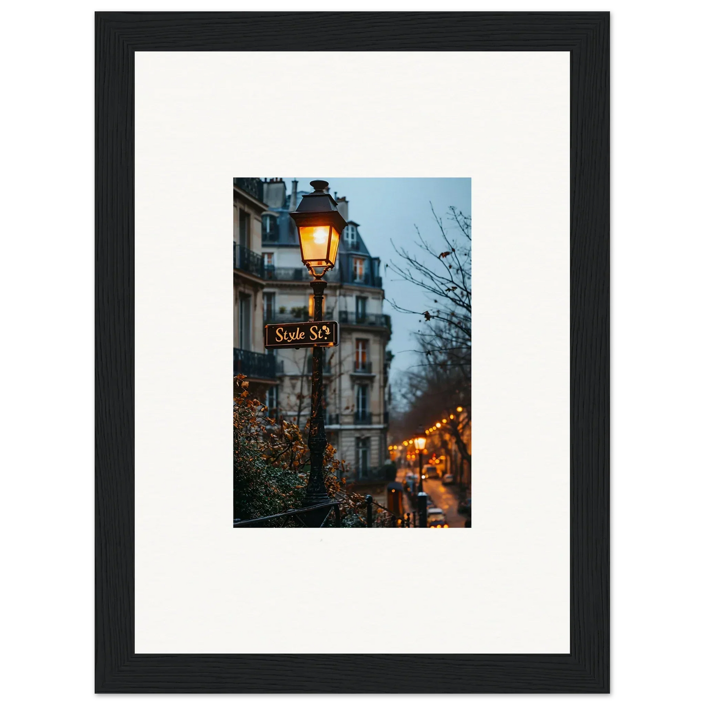 Framed wall art of a Parisian dusk street scene for beautiful room decor and twilight serenade