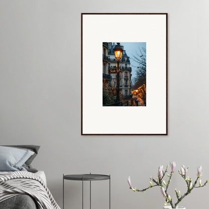 Framed wall art of a vintage street lamp in a European twilight serenade cityscape