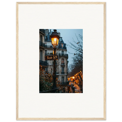 Framed wall art of a Parisian twilight serenade street scene at dusk