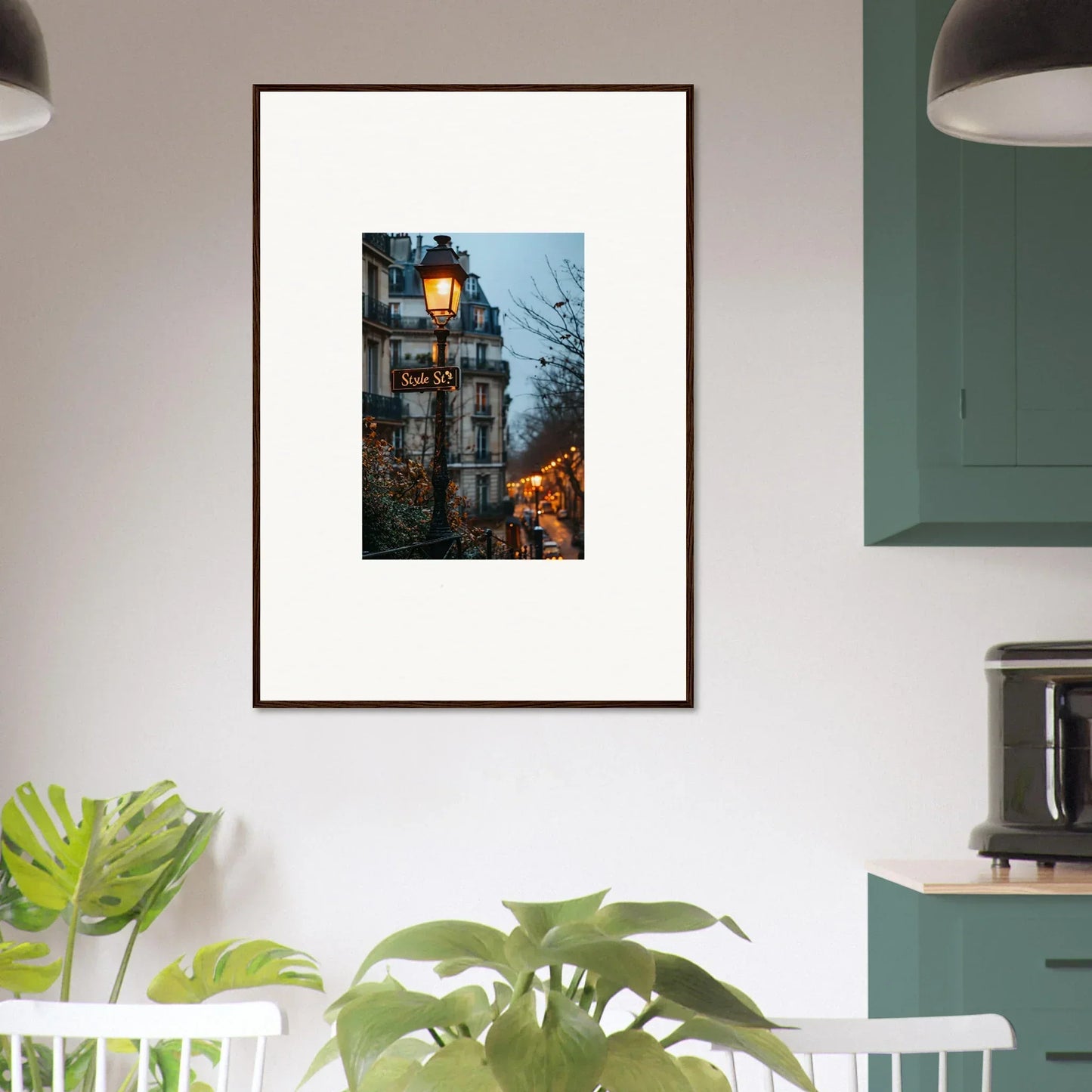 Framed wall art of a street lamp at dusk in a European-style city for twilight serenade decor