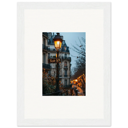 Illuminated street lamp on Parisian building, perfect for Urban Twilight Serenade wall art