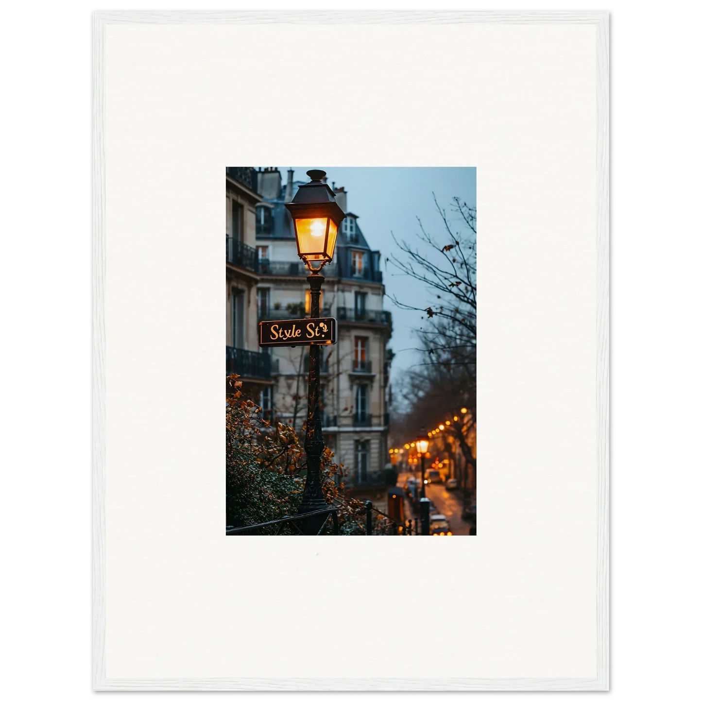 Illuminated street lamp with Scala 30 sign in Paris for twilight serenade room decor