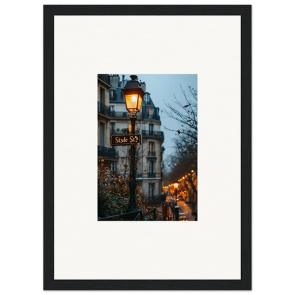 Framed wall art of Paris twilight serenade with glowing streetlamps for elegant room decor