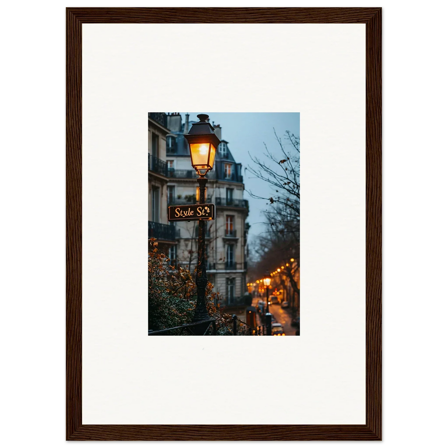 Framed wall art of a Parisian street at dusk for elegant room decor, twilight serenade