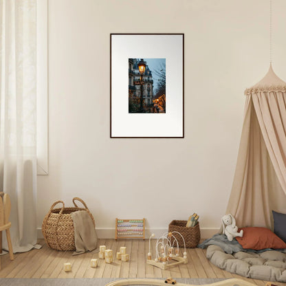 Framed wall art of a historic building at dusk, perfect for room decor and twilight serenade