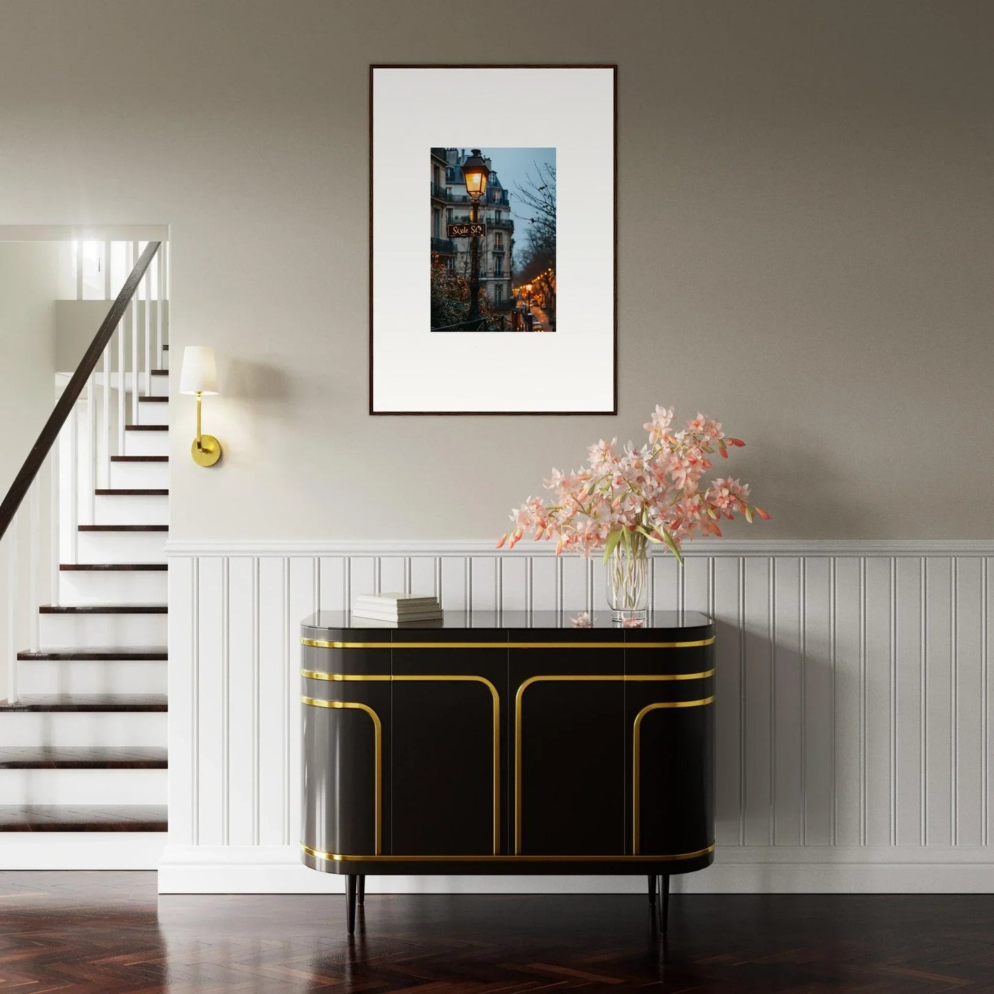 Elegant black sideboard with gold trim enhancing twilight serenade room decor