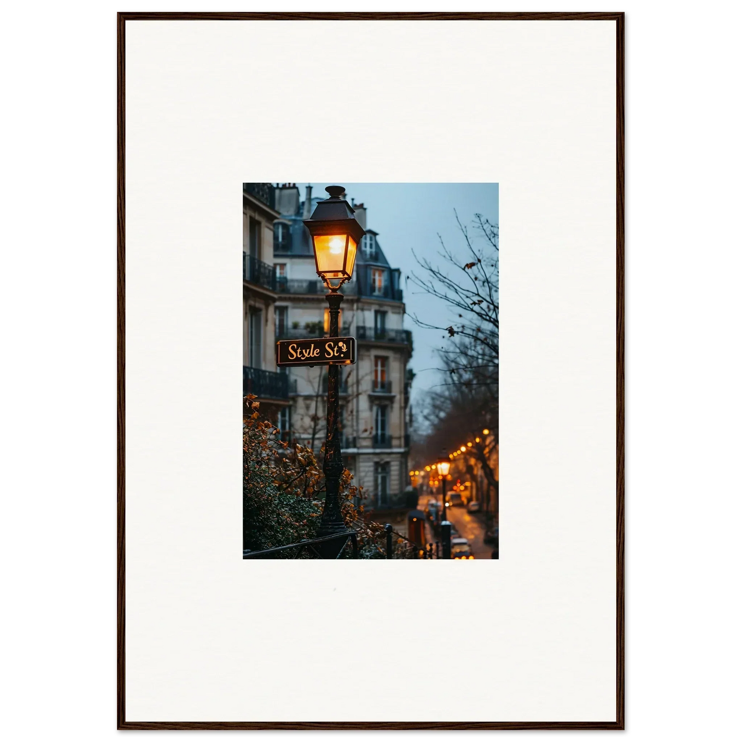 Framed wall art of Paris twilight serenade with illuminated street lamp and buildings