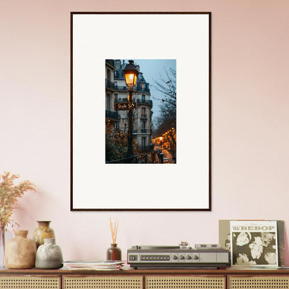 Framed wall art of a Parisian twilight serenade with illuminated streetlamp and architecture