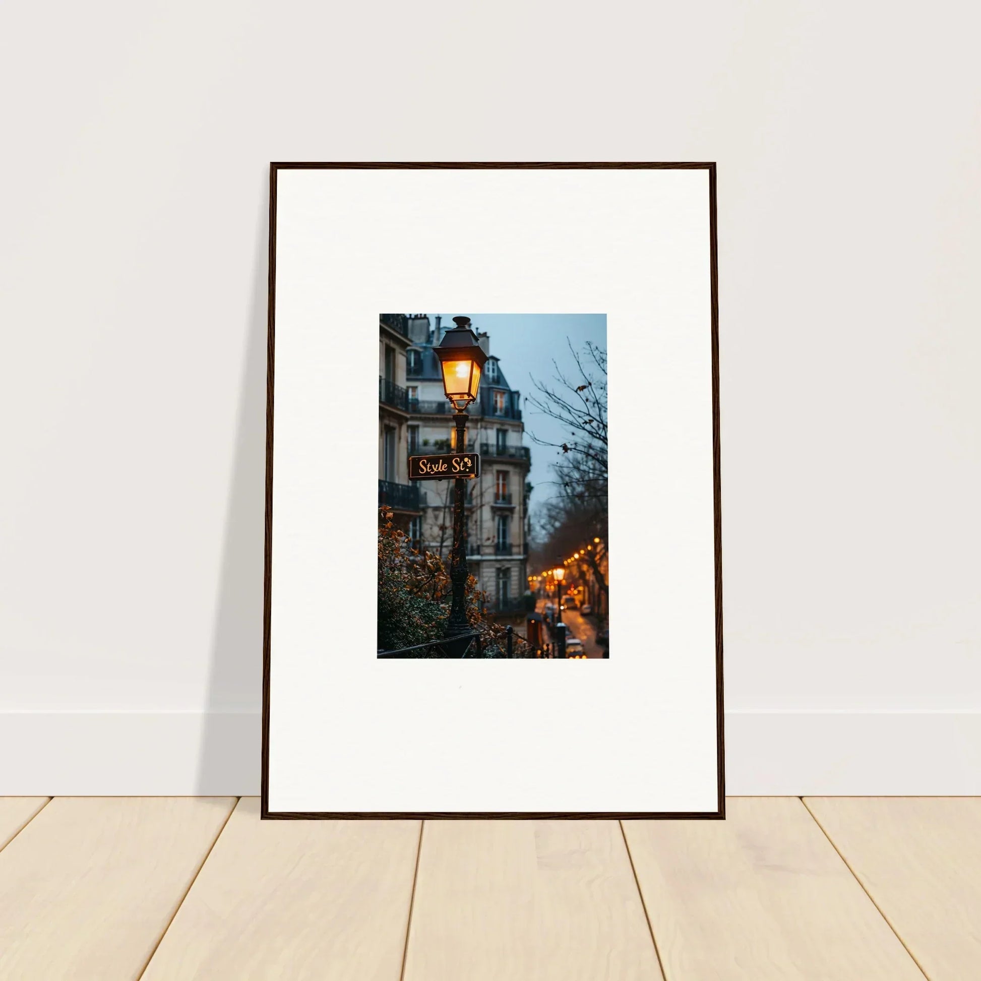 Framed wall art of a Parisian street at dusk, perfect for urban twilight serenade room decor