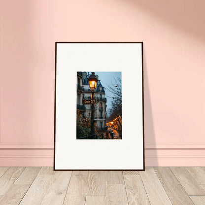 Framed wall art of a Parisian twilight serenade with glowing streetlamps at dusk