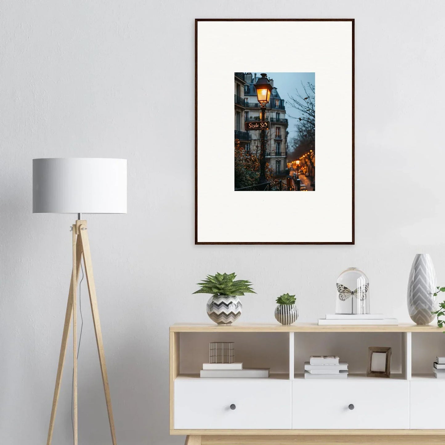 Framed wall art of a Parisian street at dusk, perfect for twilight serenade room decor