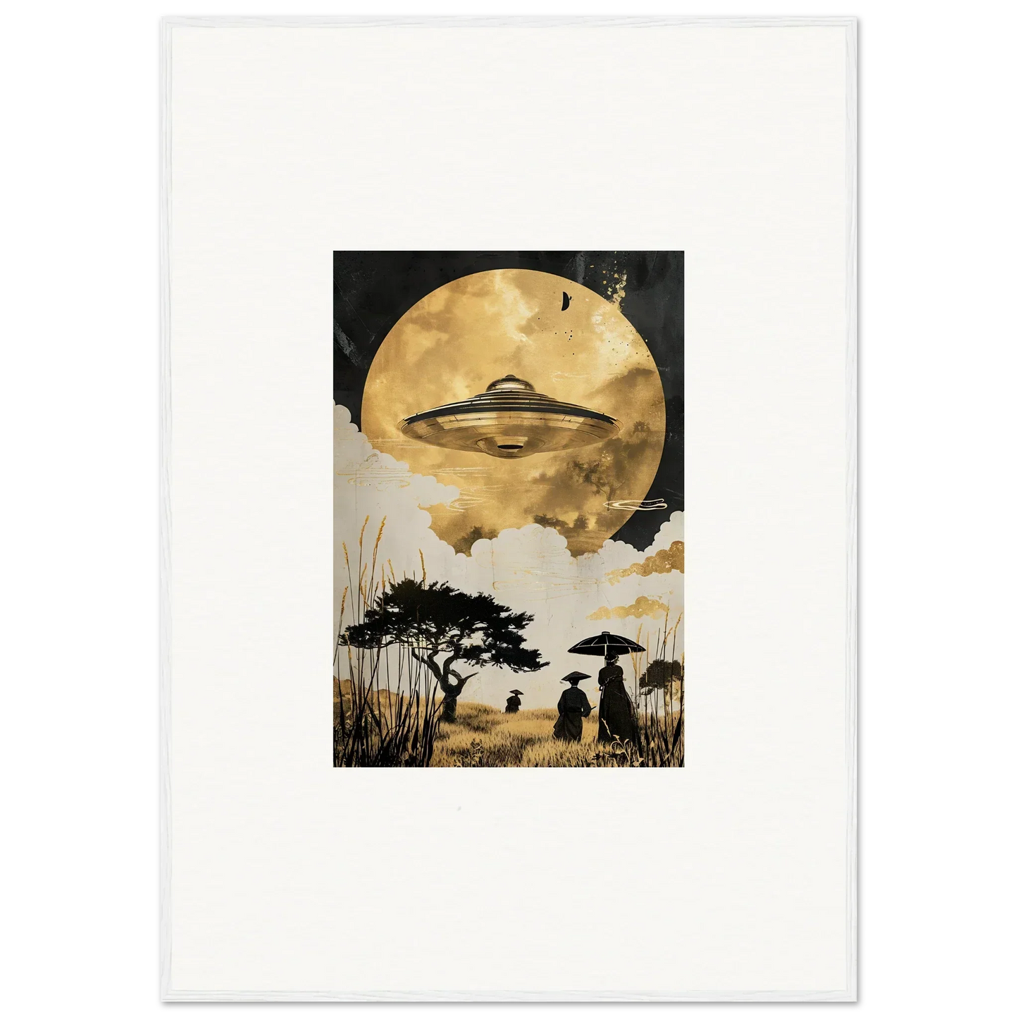 UFO hovering before a golden moon in Utopian Golden Serenade wall art for room decor