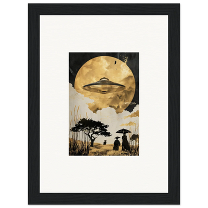 UFO hovering against a golden moon in Utopian Golden Serenade framed wall art