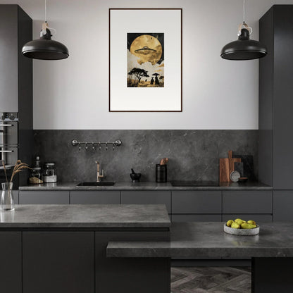 Modern kitchen with dark gray cabinetry, pendant lights, and framed wall art for golden serenade room decor