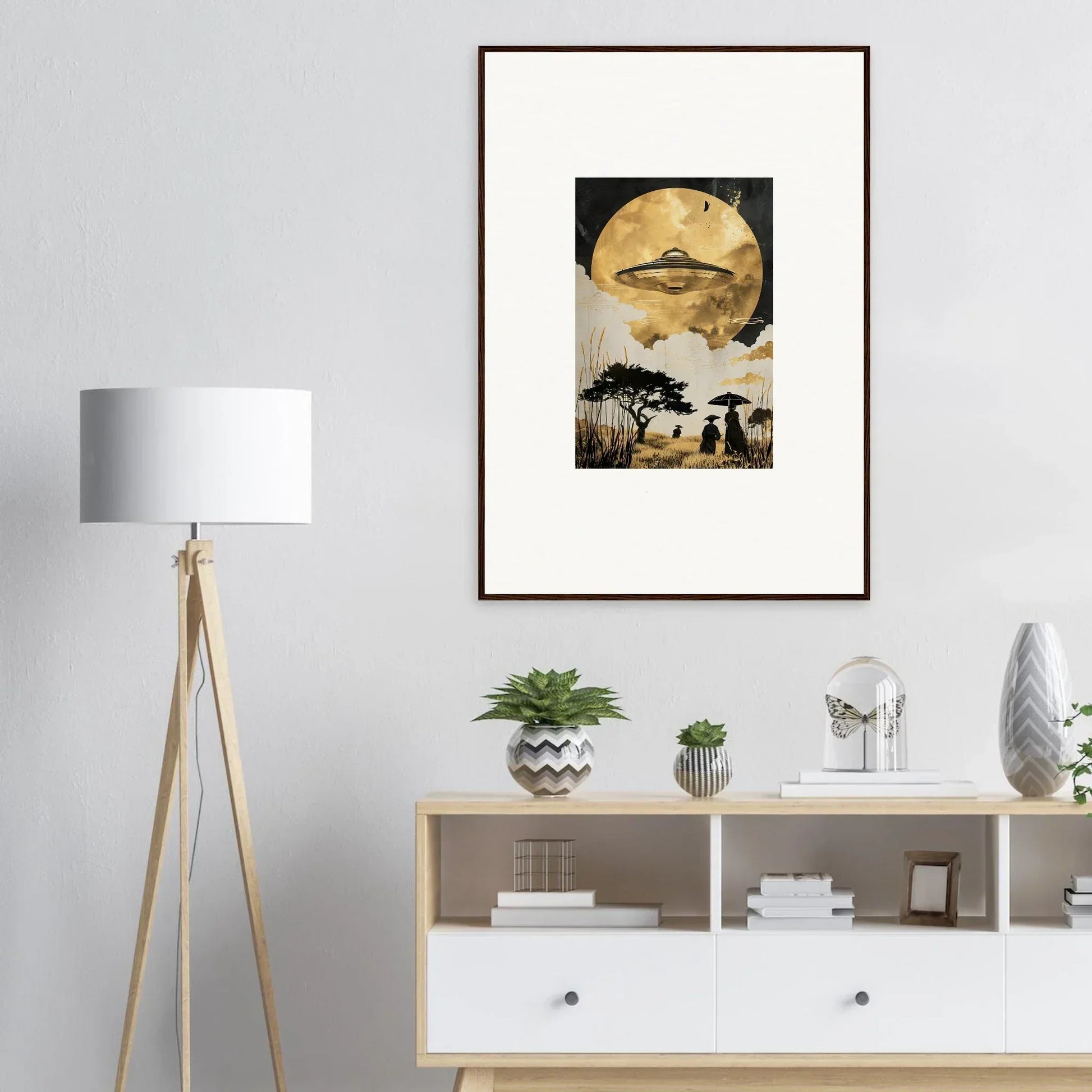 Framed wall art of a surreal landscape with moon, perfect for Golden Serenade room decor