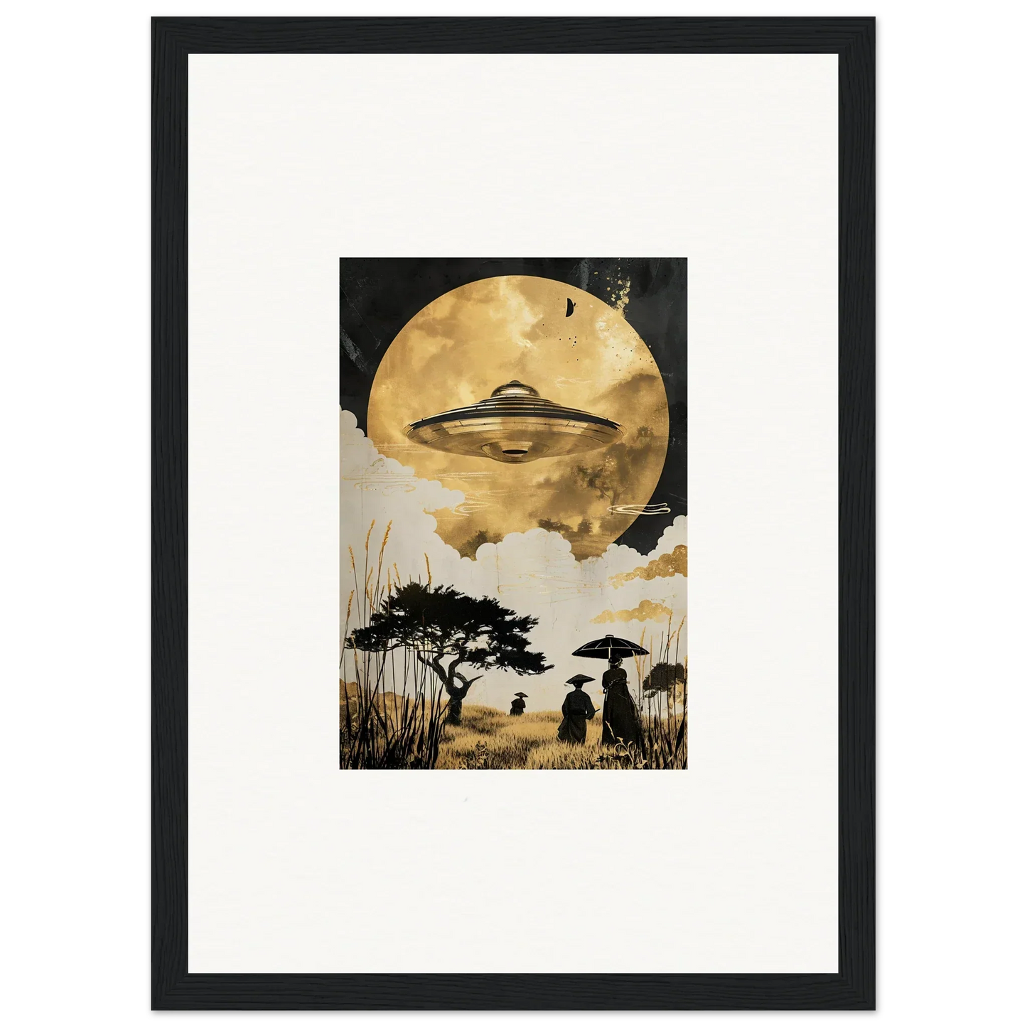 Framed wall art of a UFO over a moonlit landscape for golden serenade room decor