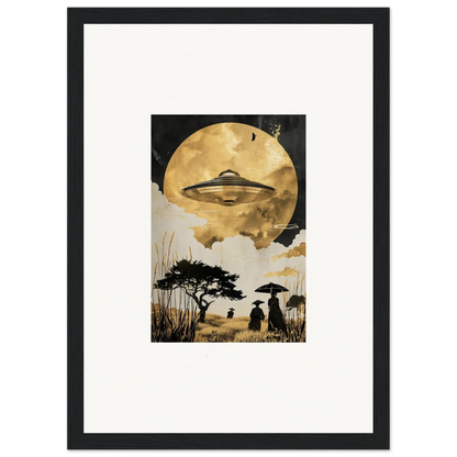 Framed wall art of a UFO over a moonlit landscape for golden serenade room decor