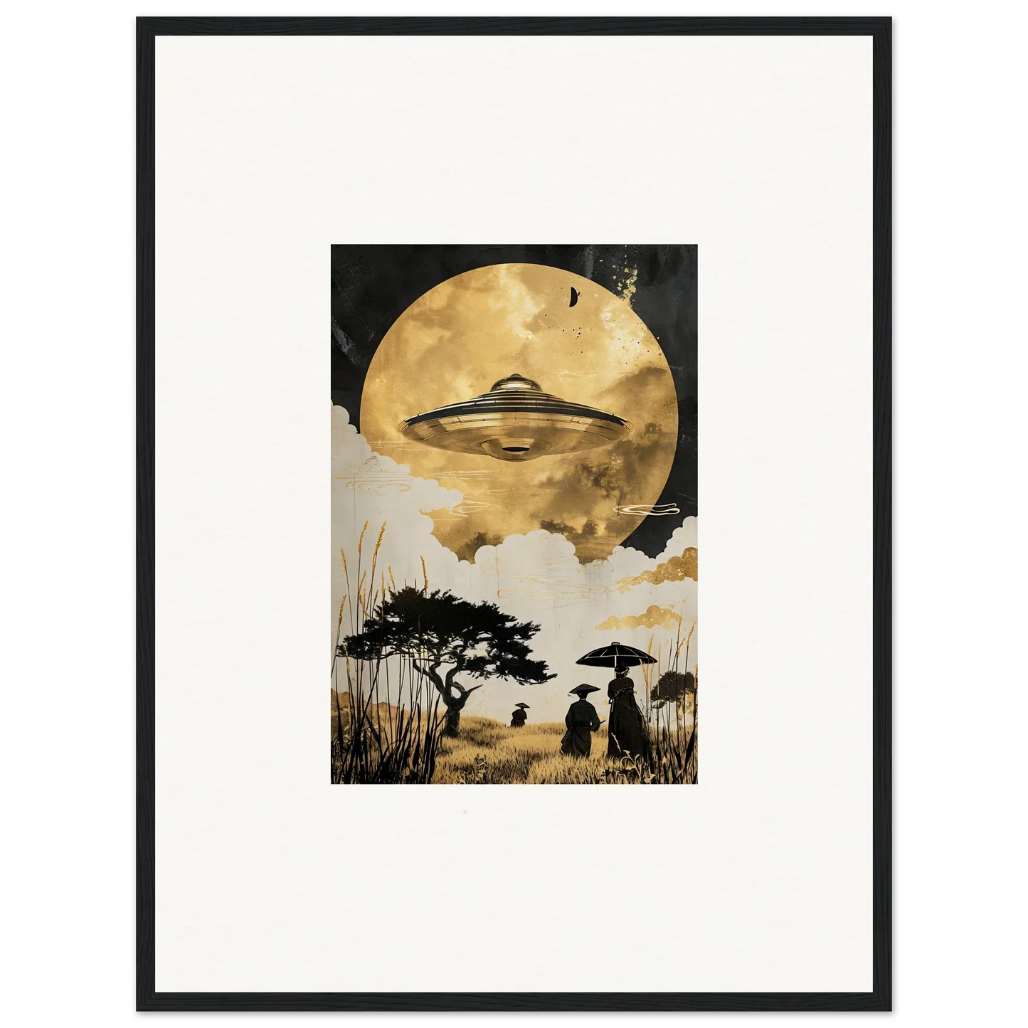 Framed wall art of a UFO over a moonlit landscape, perfect for room decor, Golden Serenade