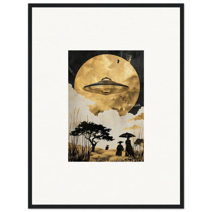 Framed wall art of a UFO over a moonlit landscape, perfect for room decor, Golden Serenade