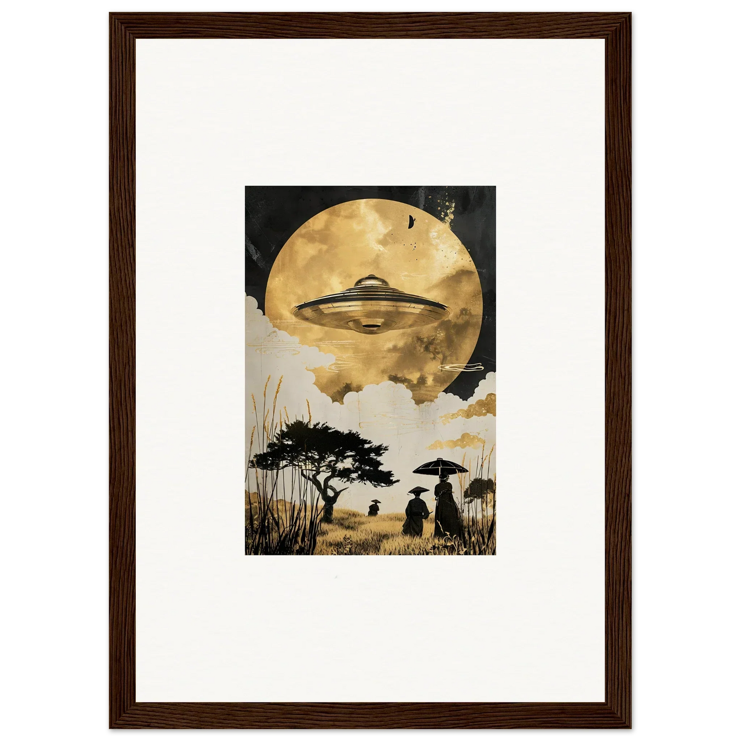 Framed wall art of a UFO over a moonlit landscape, perfect for Utopian Golden Serenade room decor