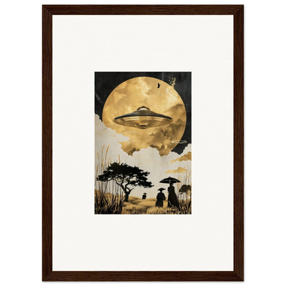 Framed wall art of a UFO over a moonlit landscape, perfect for Utopian Golden Serenade room decor