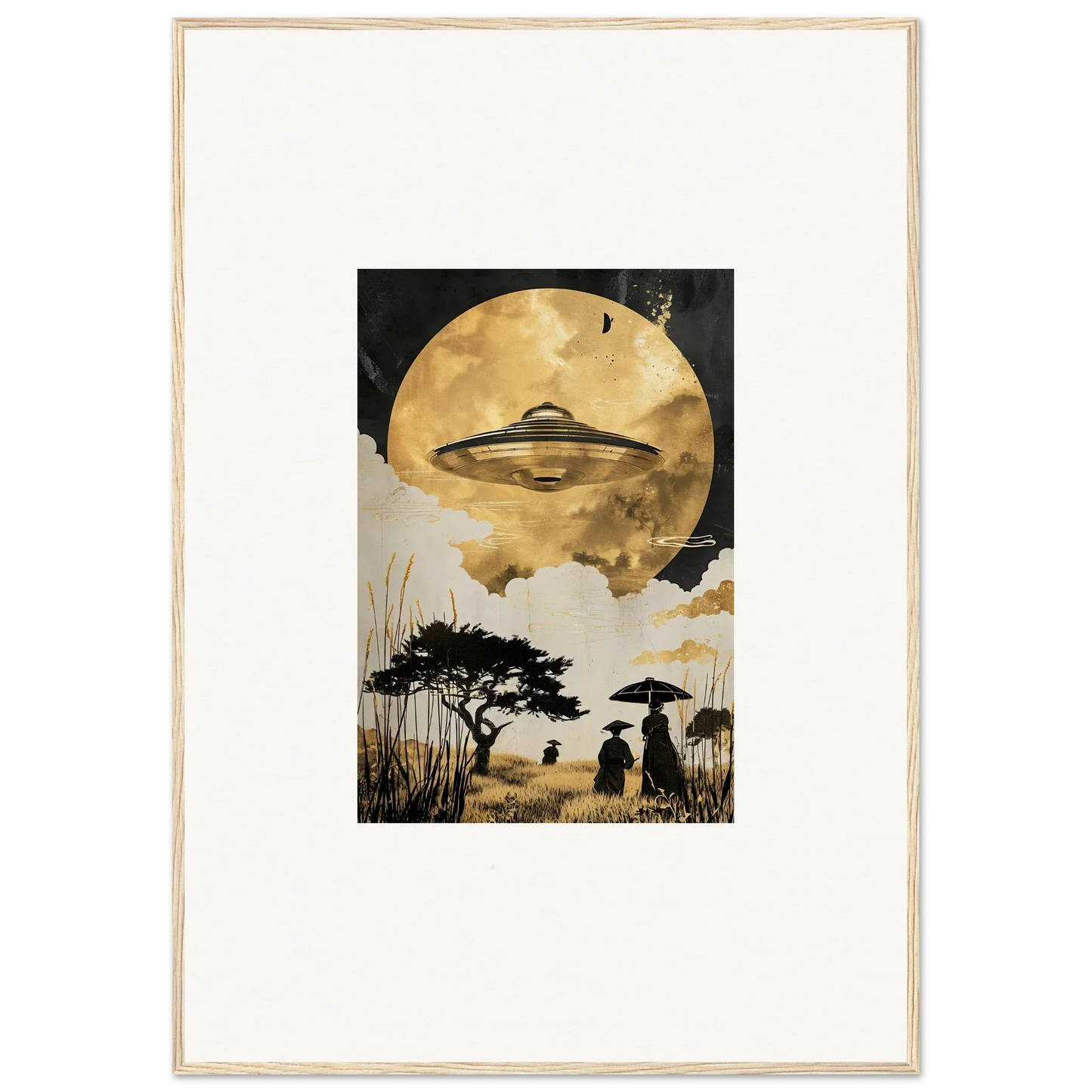 Framed wall art of a UFO over a moonlit landscape, perfect for golden serenade room decor