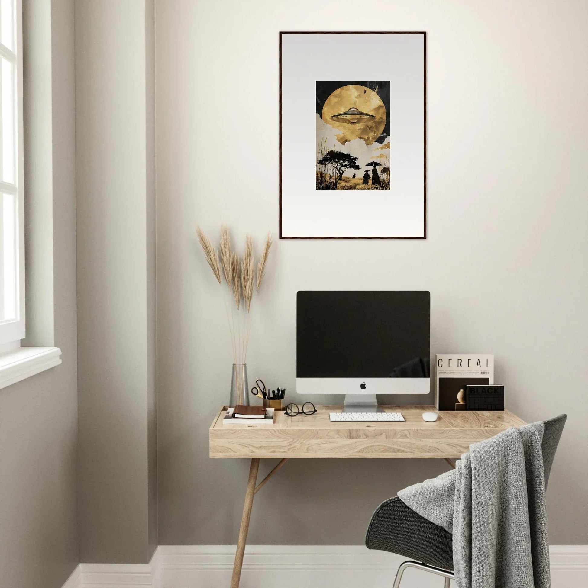 Minimalist home office with wooden desk, computer, and Framed Wall Art for Golden Serenade room decor