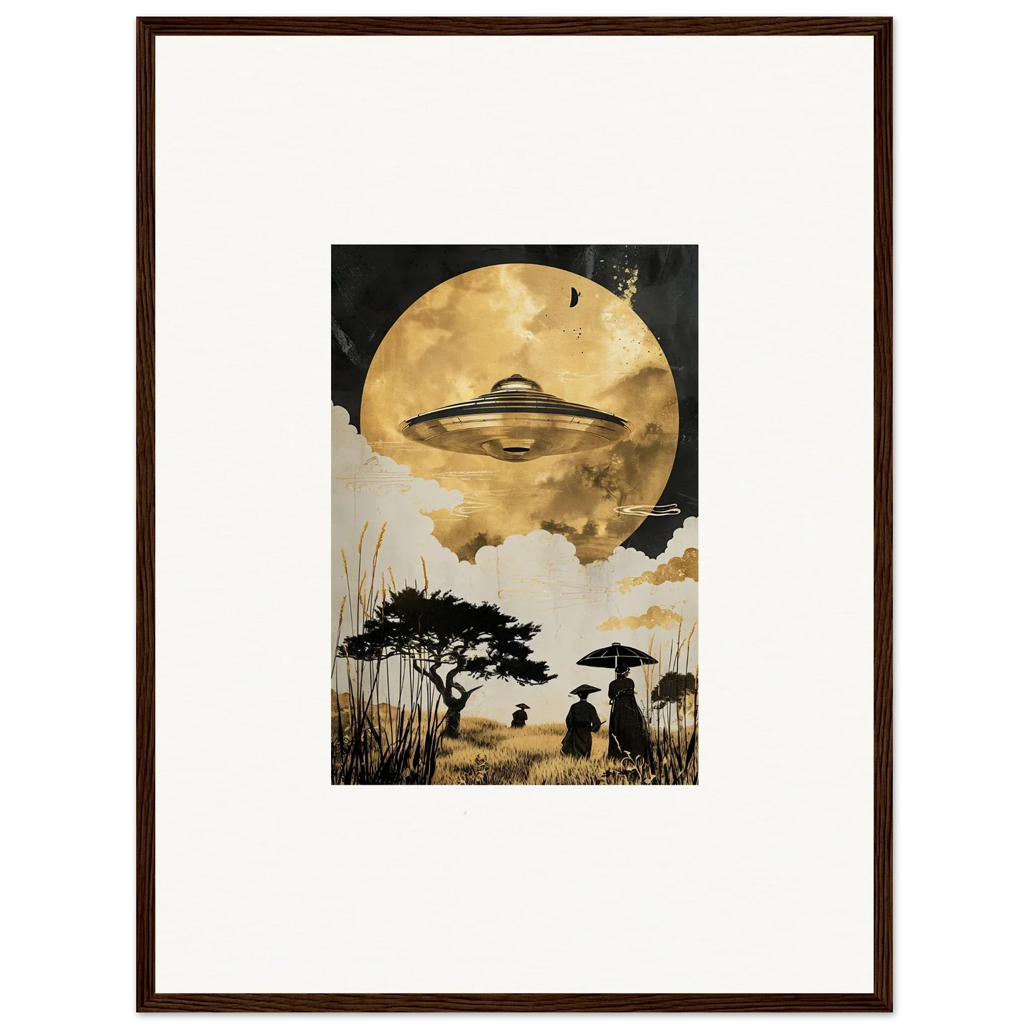 Framed wall art of a UFO over a moonlit landscape for golden serenade room decor